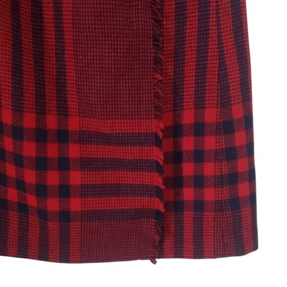 Vintage Red Navy Blue Plaid 80s Office Midi Skirt Timeless Retro Fringe Wrap - Picture 3 of 8